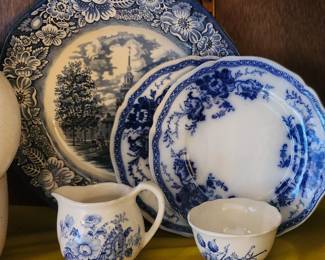 Flow Blue Plates, Liberty Blue Staffordshire Ironstone Platter. Blue and White Bowl and Cream Pitcher.