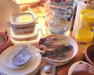 Vintage Corning Ware "Spice of Life" Casserole Set of 4, Corelle White Dinner Plates and Hand painted, Italy Platter.