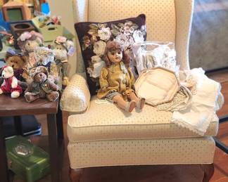 Queen Anne Style Wing Back Chair, Antique Doll, Teddy Bears, Side Table.