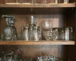 Vintage Anchor Hocking Fountain/Ice-cream Sets. Etched Glass Drinkware. Serving dishes.