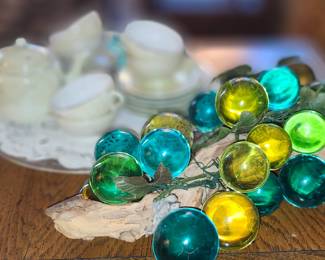 Small iridescent porcelain tea set, Mid Century Lucite Cluster Grapes. 2 Grapes need to be attached.