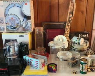 Waffle Iron, Food Processor, Nantucket Dish Set, Cannisters, Salad Bowl Light House Dish Set. Vintage Driftwood Art.
