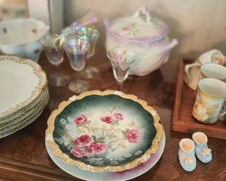 Antique Porcelain Biscuit Jar, Haviland Limoge Dinner Plates, Hand Painted Porcelain Plate, Iridescent Cordial Glasses, Hand Painted Porcelain Trays.