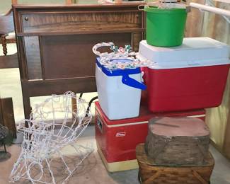 Vintage Coolers, Ice-cream Maker, Picnic Baskets. Outdoor Light up Sleigh. Mid-Century Headboard