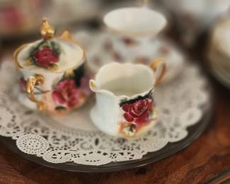 Hand Painted Gold and Rose Cream and Sugar Bowl Set, Bavaria.
