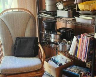Glider Rocker, Blenders, Coffee Pot, Toaster, Bread and Cake Pans, Cookbooks,