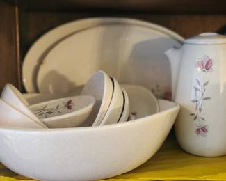 Mid-Century Franciscan Ware "Duet Rose" Platters, Serving Bowl, Picher and Small Bowls.