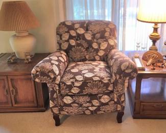 Oversized Floral Armchair. Mid-Century Side Table Set (includes 3 side tables & 2pc coffee table)Mid-century Gold Tone Shelf and Mirrors, set. Brass Lamps, Ceramic Lamps.