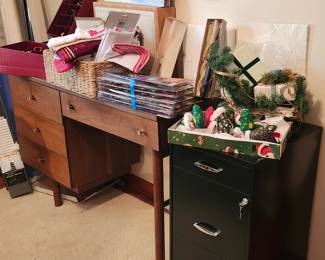 Vintage Stanley Furniture Desk, Locking File Cabinet, Hand Made Ornaments, Christmas linens