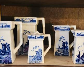 German Blue and White Windmill Pattern Milk Jugs/Pitchers. Set of 3
