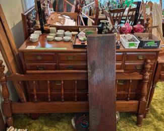 Solid cherry full size headboard, footboard, dresser with mirror and nightstand