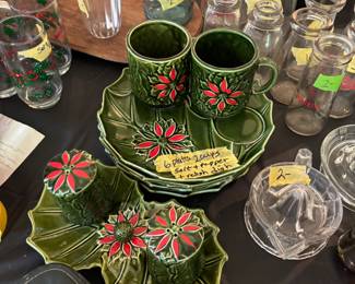 Christmas dishes, milk bottles, canning jars, juicers