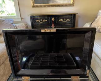 Antique Ebonized Wood Jewelry Box with Lacquered Interior. Measures 18" W x 12" D x 7" H. Photo 4 of 4.