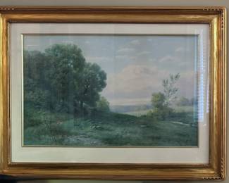 Pastoral Landscape. Watercolor on Paper Signed by Artist Edwin Lamasure (American 1866 - 1916). Companion Piece is housed at the United States Mint in Philadelphia. Measures 25" W x 16" H within mat; 34" W x 25" W Overall. Photo 1 of 3.