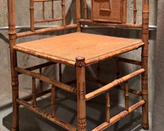 Mid-Century Bamboo & Rattan Corner Chair - 2 Available. Each Measures 18" x 18" x 17" Seat Heigh.