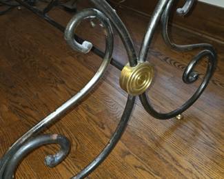 French Wrought Iron & Brass Table with Glass Top In The Style of Pierre Deux. Currently Used as a Desk. 84" L x 48" D x 28.24" H. Had 8 3/8" Overhang.  Photo 4 of 4.