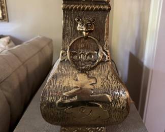 Pair of James Mont Style Brass Chinoiserie Table Lamps with Black Shades. Photo 4 of 4.