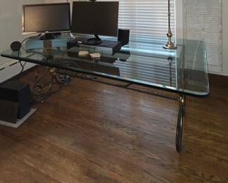 French Wrought Iron & Brass Table with Glass Top In The Style of Pierre Deux. Currently Used as a Desk. 84" L x 48" D x 28.24" H. Had 8 3/8" Overhang.  Photo 1 of 4.