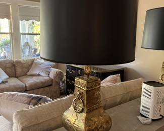 Pair of James Mont Style Brass Chinoiserie Table Lamps with Black Shades. Photo 2 of 4.