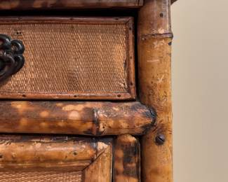 Vintage Burnt Bamboo and Rattan Two-Drawer, Two-Door Cabinet. Measures 35" W x 17" D x 42" H. Photo 5 of 6.