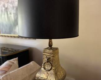 Pair of James Mont Style Brass Chinoiserie Table Lamps with Black Shades. Photo 1 of 4.