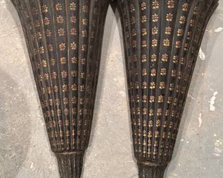 Pair of Fluted, Ebonized Wood & Parcel Gilt Pocket Wall Mount Sconces. Each Measures 26" H x 14" W at Widest.