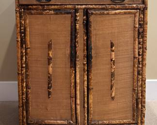 Vintage Burnt Bamboo and Rattan Two-Drawer, Two-Door Cabinet. Measures 35" W x 17" D  x 42" H. Photo 1 of 6.