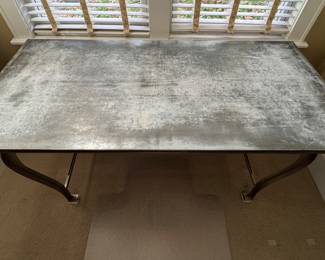Faux Zinc-Top Table with Metal Cabriole Legs. Measures 32" W x 68" L x 31" H with 29" Clearance. Photo 2 of 3.