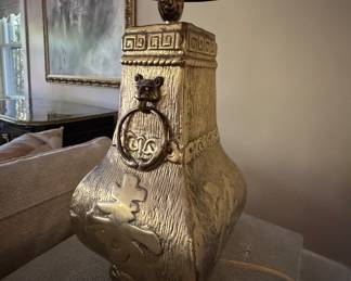 Pair of James Mont Style Brass Chinoiserie Table Lamps with Black Shades. Photo 3 of 4.