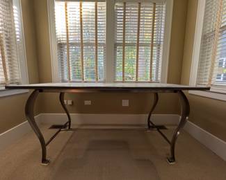 Faux Zinc-Top Table with Metal Cabriole Legs. Measures 32" W x 68"L x 31" H with 29" Clearance. Photo 1 of 3.