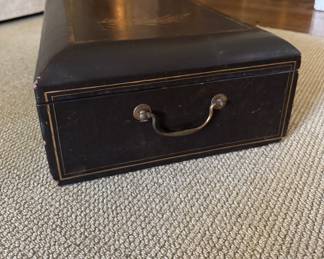Antique Ebonized Wood Jewelry Box with Lacquered Interior. Measures 18" W x 12" D x 7" H. Photo 3 of 4.