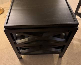 Ebonized Wood Side Table with Lattice Frame and Two Shelves - 2 Available. Each Measures 24" x 18" x 28" H. Photo 2 of 4.
