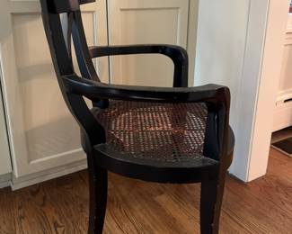 Set of 4 Ebonized Wood Arm Chairs with Cane Seats. Sourced From Winnetka's Material Possessions. Each Measures 25.5" W x 20" D with 18.5" Seat Height. Photo 2 of 5.