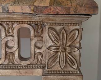 Neoclassical Carved Wood Console with Travertine Top - 2 Available. Each Measures 52" W x 20" D x 32.5" H. Photo 4 of 5.