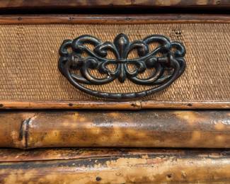 Vintage Burnt Bamboo and Rattan Two-Drawer, Two-Door Cabinet. Measures 35" W x 17" D x 42" H. Photo 6 of 6.