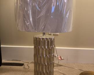 Pair of Silver Textured Wood Lamps on Lucite with New Shades. Each Measures 32" H. Photo 1 of 2.