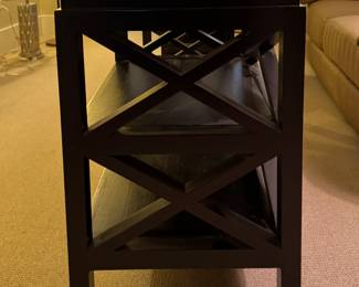 Ebonized Wood Side Table with Lattice Frame and Two Shelves - 2 Available. Each Measures 24" x 18" x 28" H. Photo 4 of 4.