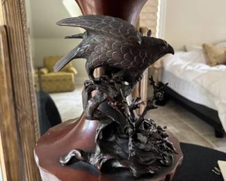 Chinese Inspired Bronze Table Lamp with Bird. Measures 36" H. Photo 2 of 3.