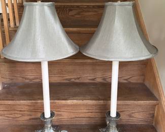 Pair of Ethan Allen Empire Style Table Lamps with Silk Shades. Each Measures 34" H. Photo 1 of 4.