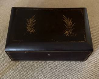 Antique Ebonized Wood Jewelry Box with Lacquered Interior. Measures 18" W x 12" D x 7" H. Photo 2 of 4.