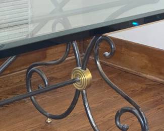 French Wrought Iron & Brass Table with Glass Top In The Style of Pierre Deux. Currently Used as a Desk. 84" L x 48" D x 28.24" H. Had 8 3/8" Overhang.  Photo 3 of 4.