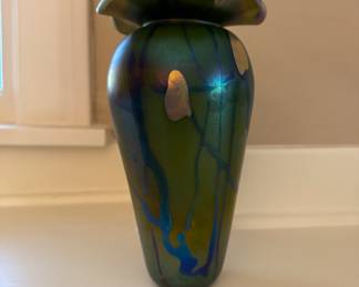 Signed Vintage Iridescent Heavy Glass Vase. Photo 1 of 3.