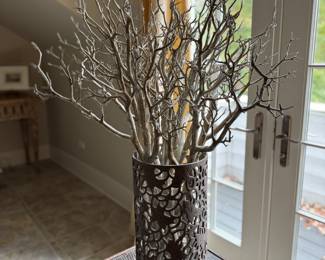 Silhouette Vase with Silver Gilt Faux Bois Arrangement. Hurricane Measures 20" H; Branches are 44" H.
