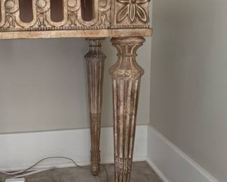 Neoclassical Carved Wood Console with Travertine Top - 2 Available. Each Measures 52" W x 20" D x 32.5" H. Photo 3 of 5.
