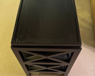 Ebonized Wood Side Table with Lattice Frame and Two Shelves - 2 Available. Each Measures 24" x 18" x 28" H. Photo 3 of 4.
