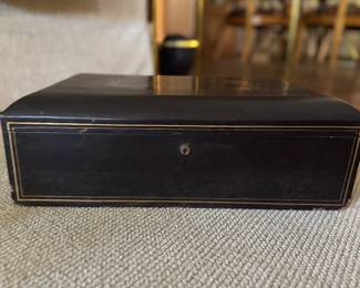 Antique Ebonized Wood Jewelry Box with Lacquered Interior. Measures 18" W x 12" D x 7" H. Photo 1 of 4.