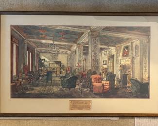 Framed Interior Watercolor of Main Lounge, Midwest Atlantic Club, Chicago. Measures 36" W x 19" H within Mat; 44"W  x 28"  H Overall. Photo 1 of 2.