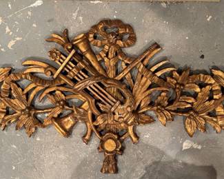 Italian Gilt Gesso Wood Foliate Scroll Pediment. Measures 48" W x 22" H.