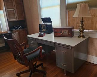 Metal army desk and chairs, vintage 