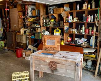 GARAGE:  vintage hardware, fishing stuff, tools galore !  Bring a box, crate , bag and fill it up and we will make you an excellent deal on it !